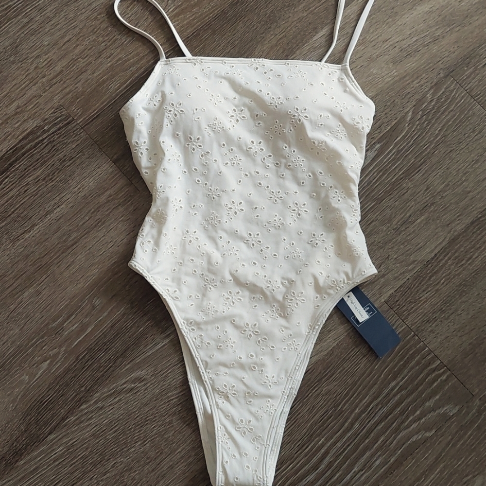 Abercrombie Off-White High Leg Cheeky Eyelet One-Piece